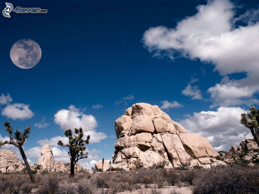 Luna, roca, desierto, sierra, nubes