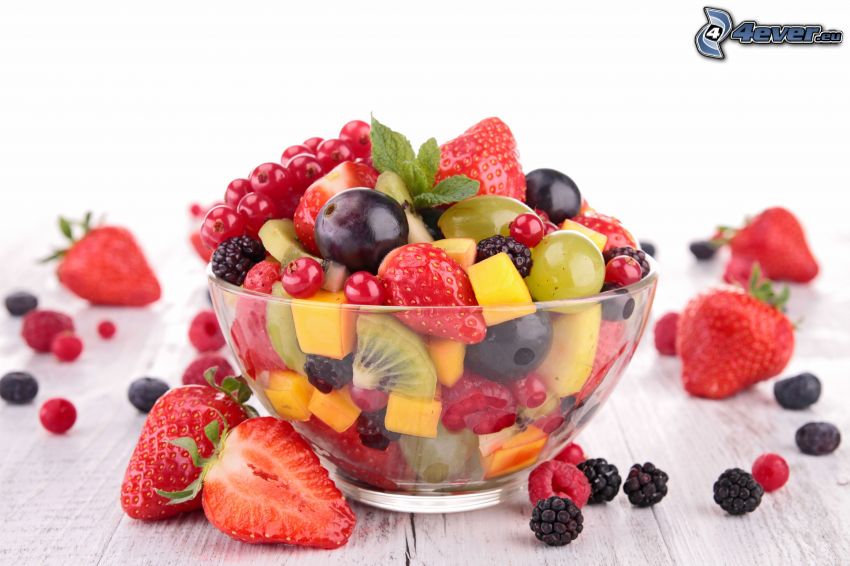 fruta, fresas, moras, uvas, grosellas, tazón