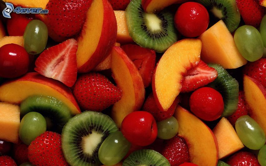 fruta, melocotones, fresas, kiwi, cerezas, uvas