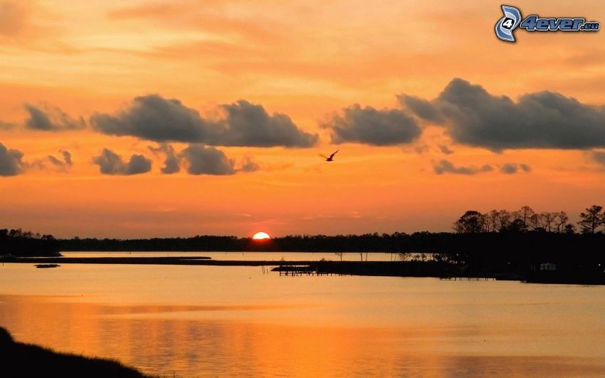 puesta de sol sobre un lago, puesta de sol anaranjada, nubes
