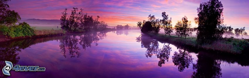 río, árboles, cielo púrpura