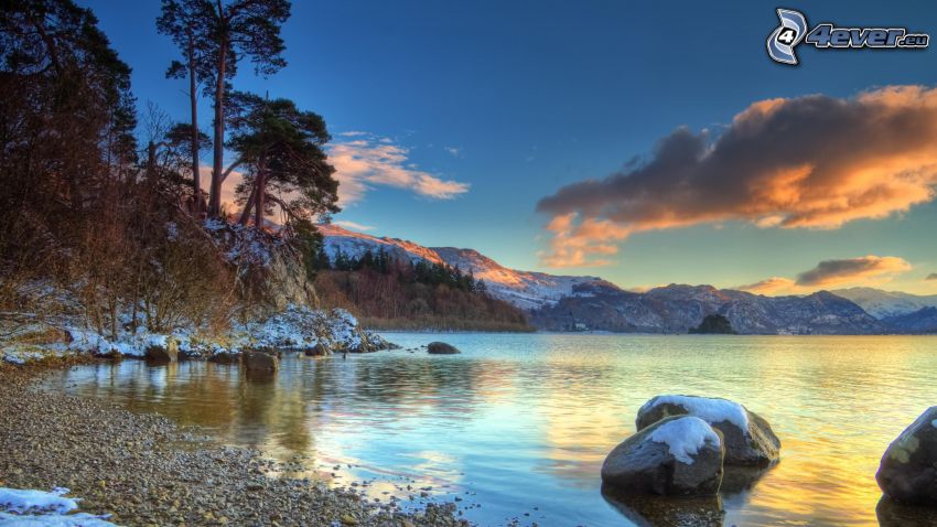 tranquilo lago invernal, nieve, piedras, nube, atardecer