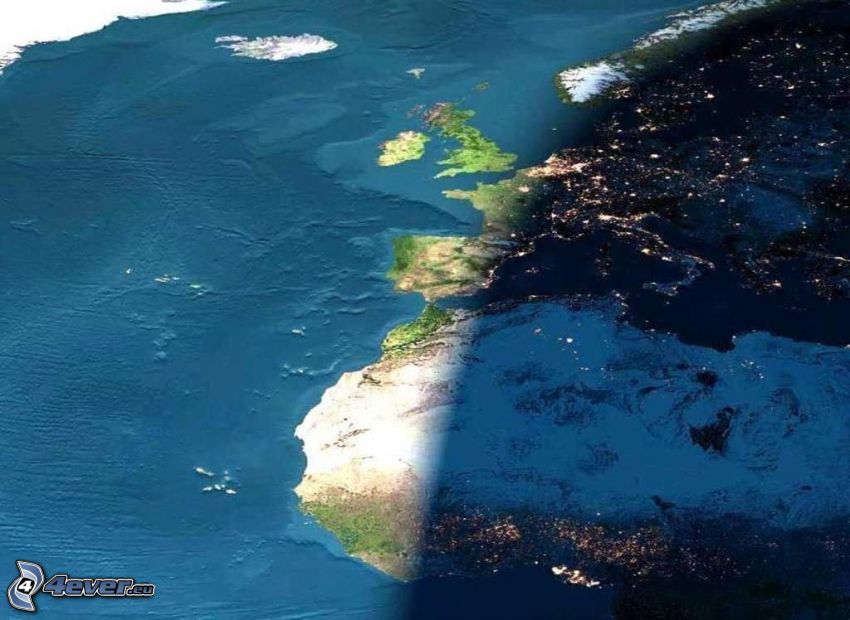 día y noche, Europa, África, imagen del satélite, Atlántico