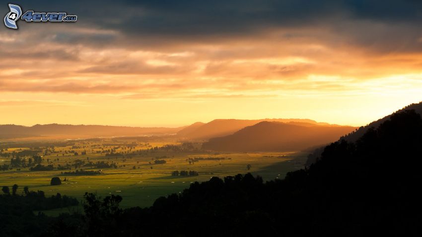 vista del paisaje, colina, puesta del sol