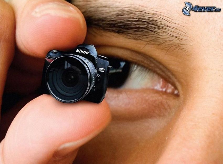 cámara, Nikon, miniatura, ojo, dedos