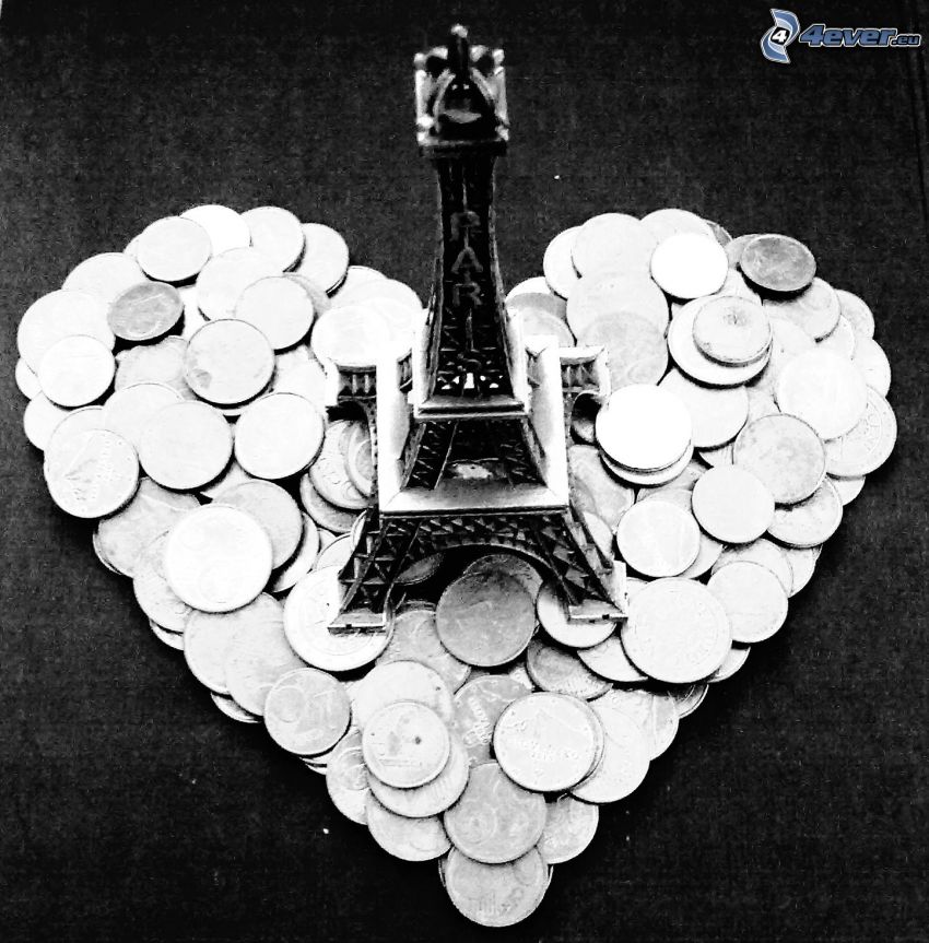 corazón, monedas, Torre Eiffel