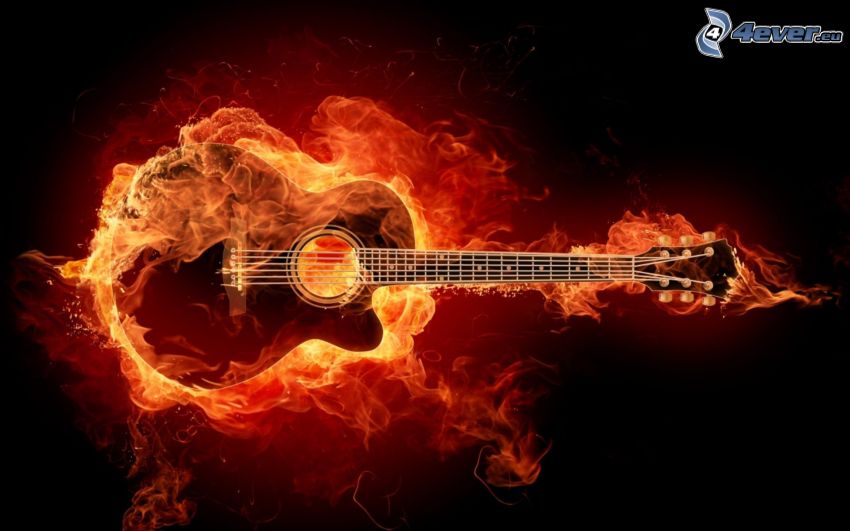 guitarra, fuego, incendio