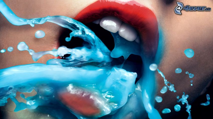 labios, agua azul, boca