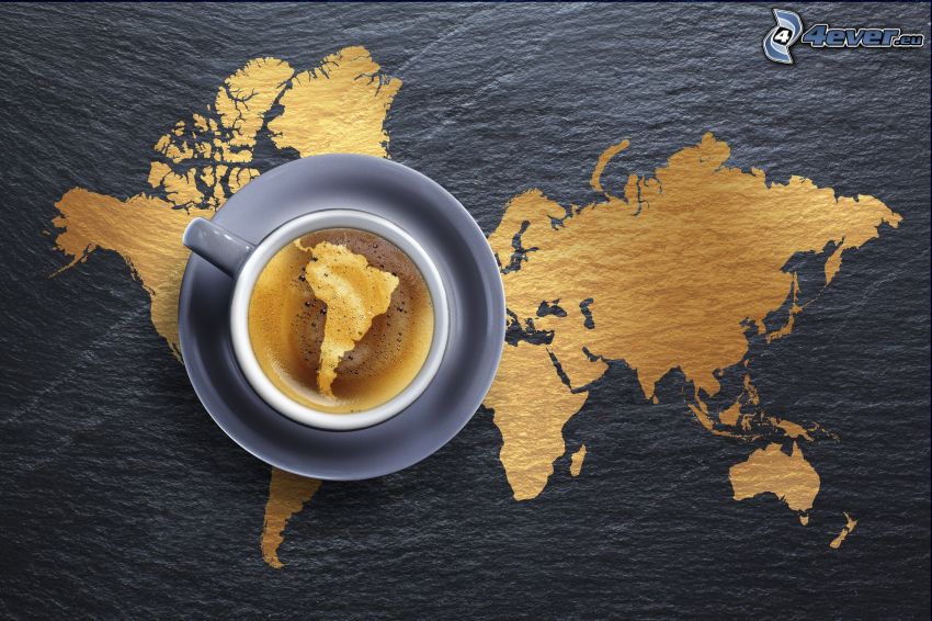 mapa del mundo, taza de café, América del Sur