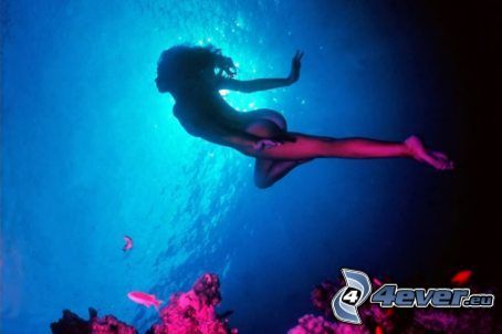 nadar bajo el agua, mujer en agua, mar, corales marinos