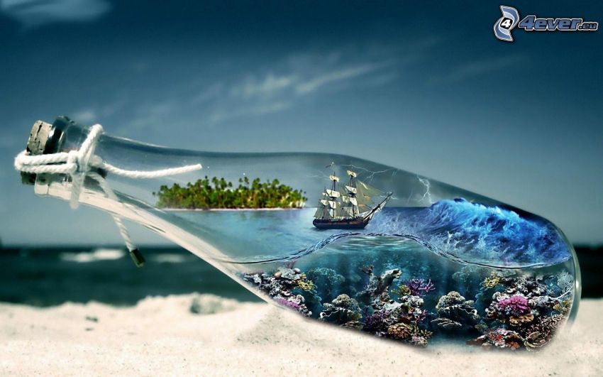 nave en una botella, mar, corales marinos, arena