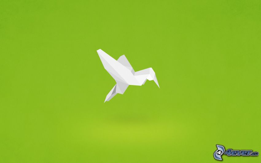 origami, pájaro, fondo verde