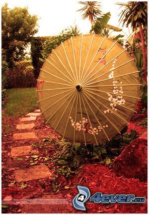 paraguas, acera, jardín