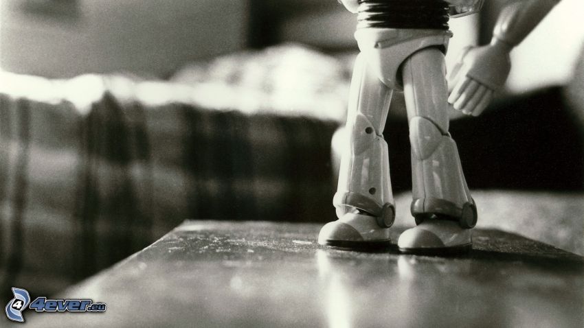 pies, robot, blanco y negro