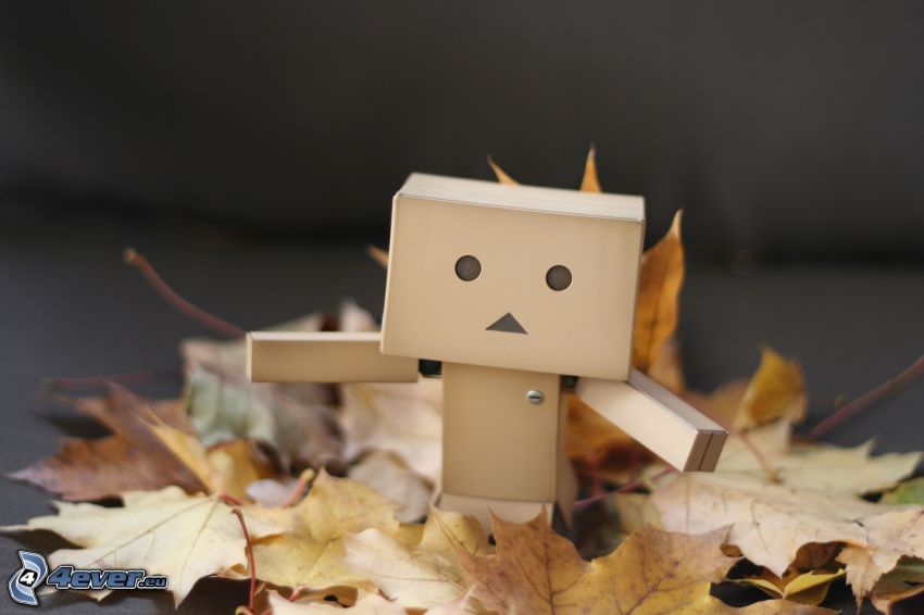 robot de papel, hojas de otoño