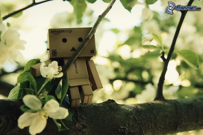 robot de papel, ramas, flores de cerezo