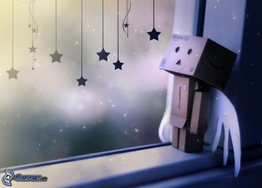 robot de papel, ventana, estrellas
