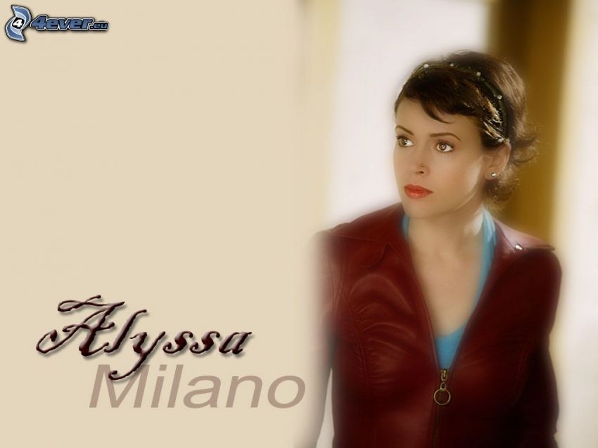 Alyssa Milano, actriz, Phoebe, brujas, Charmed, mujer de pelo castaño, chaqueta de cuero, camisa azul