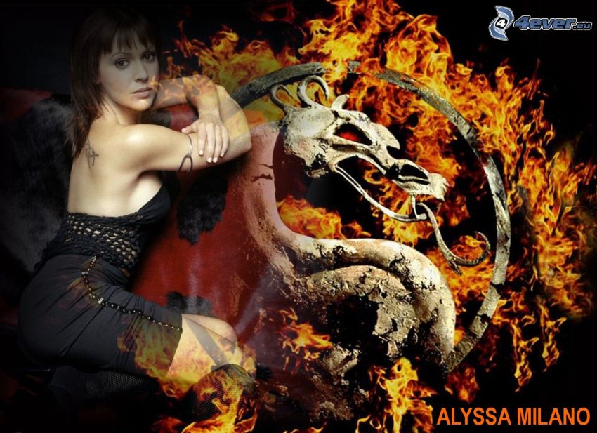Alyssa Milano, actriz, Phoebe, brujas, Charmed, mujer de pelo castaño, vestido negro, dragón, fuego
