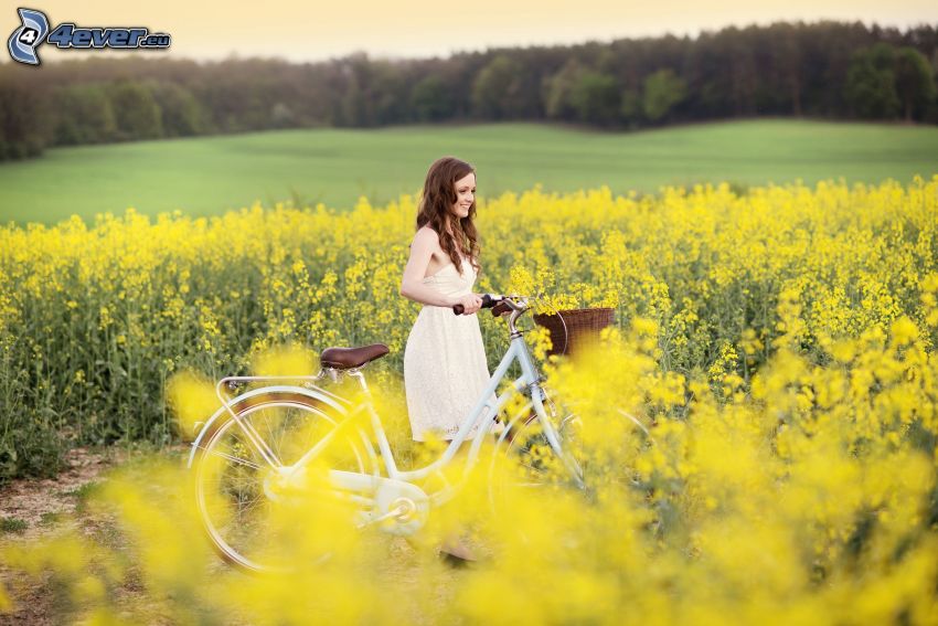 chica en el campo, colza de aceite, bicicleta, prado, bosque