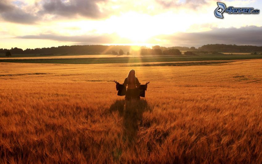 chica en el campo, puesta de sol sobre el campo