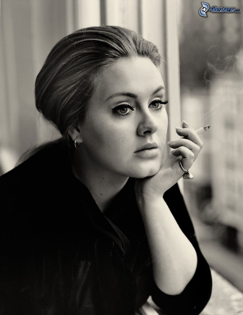 Adele, fumar, chica con cigarrillo, Foto en blanco y negro