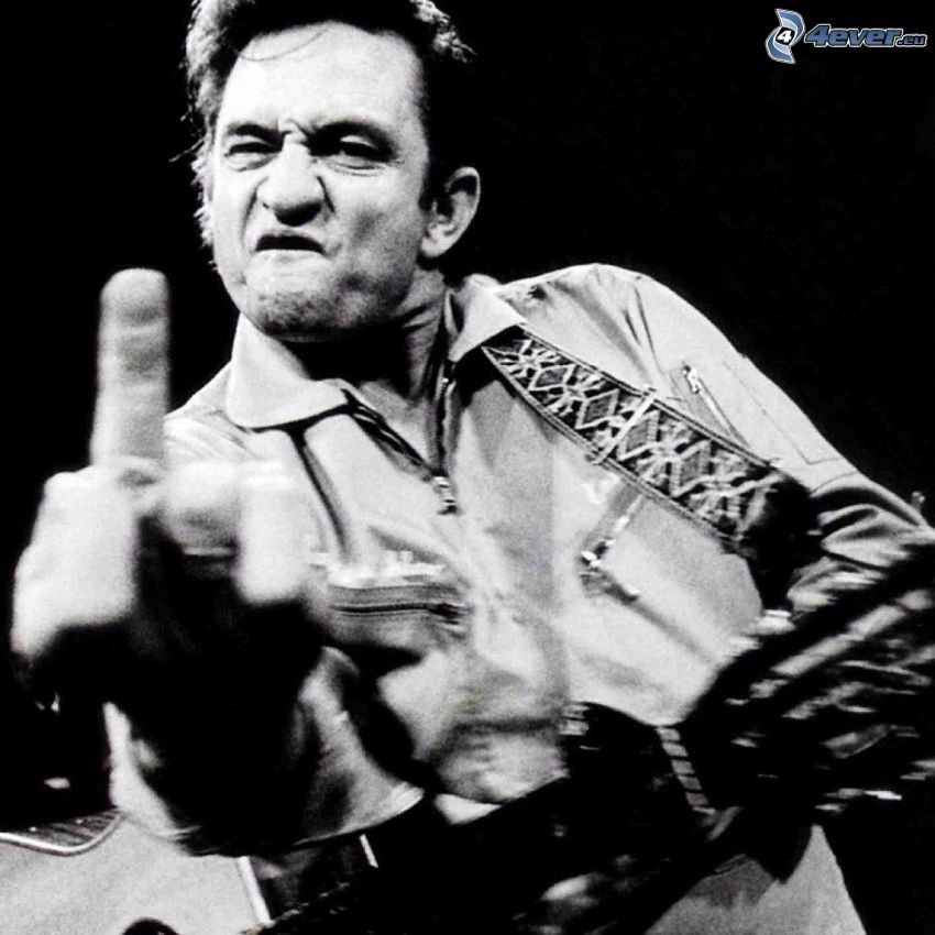 Johnny Cash, gesto, Foto en blanco y negro