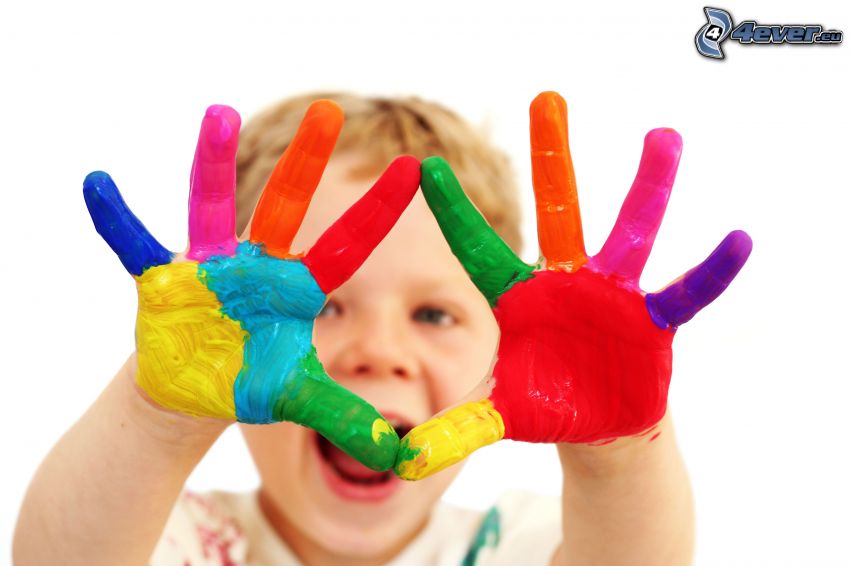 niño, manos, color