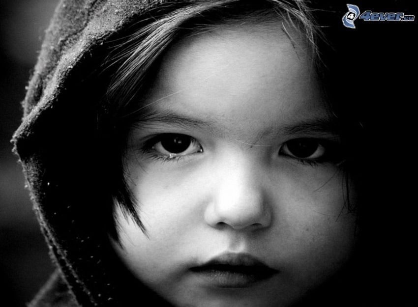 rostro de niño, chica, tristeza, Foto en blanco y negro