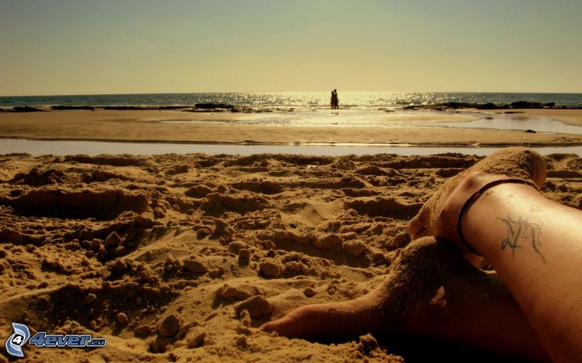 par en el mar, playa de arena, pies, mar, tatuaje en el pie