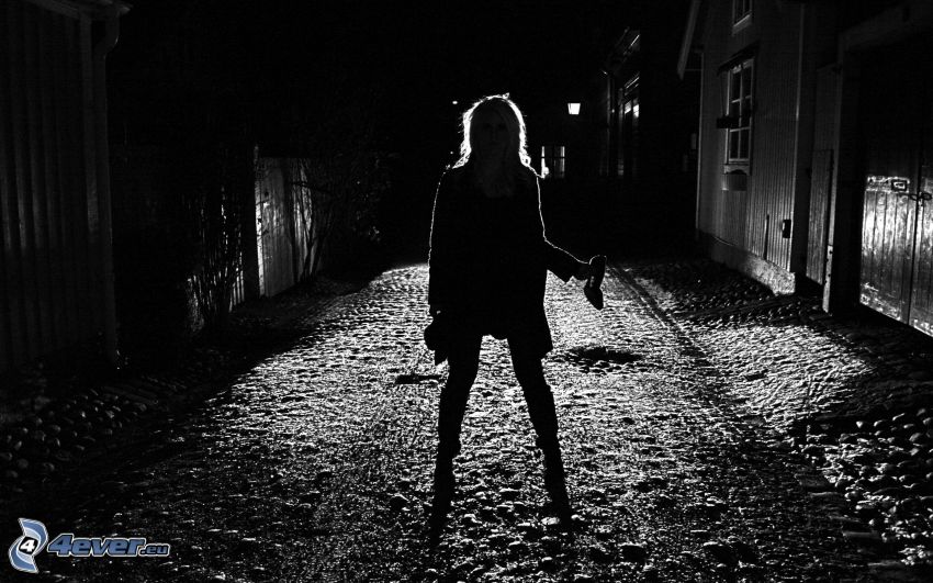 silueta de mujer, callejón oscuro, noche