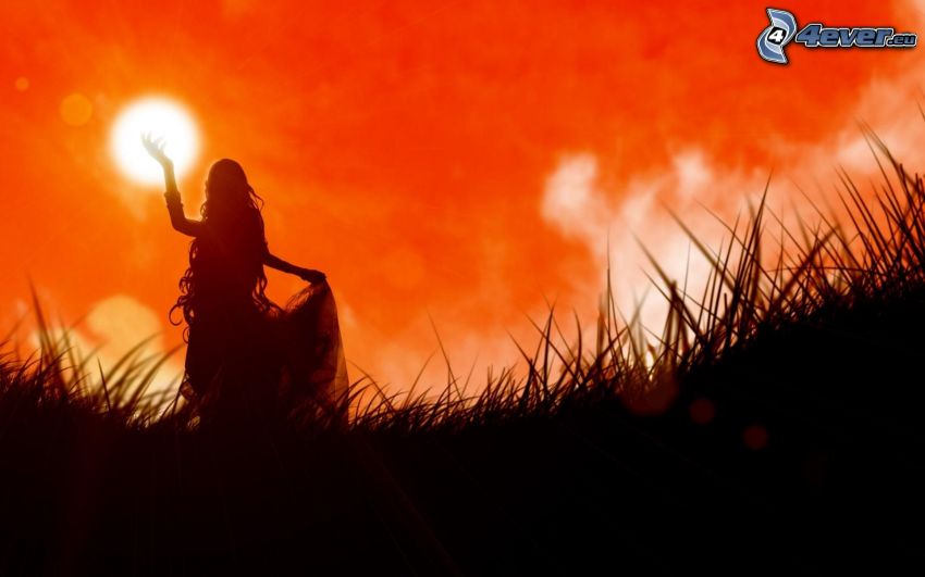 silueta de mujer, puesta de sol anaranjada