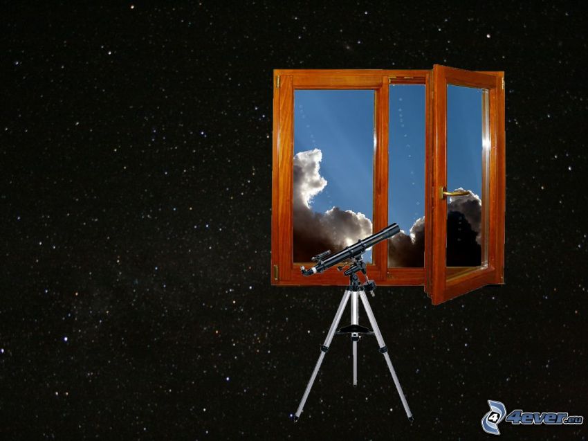 telescopio, ventana, cielo, nubes