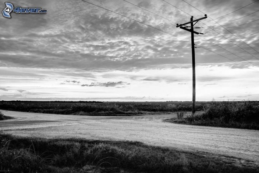 encrucijada, camino, alambrado, nubes, Foto en blanco y negro