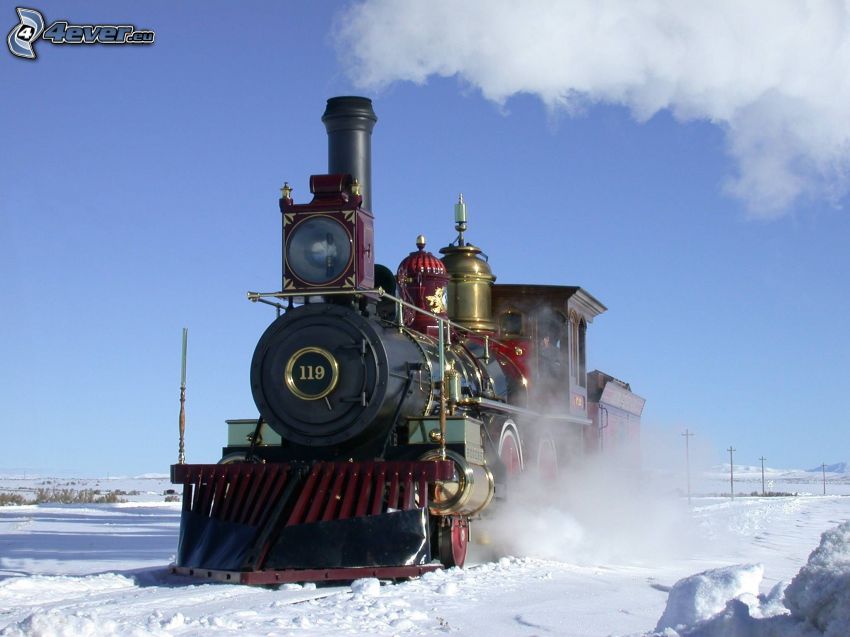 No. 119, locomotora de vapor, nieve
