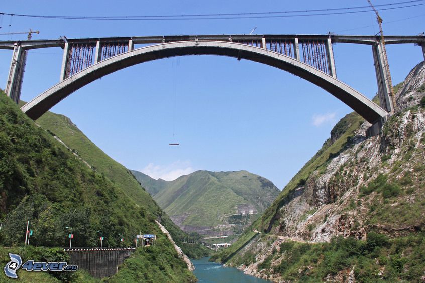 puente ferroviario, montaña rocosa, río