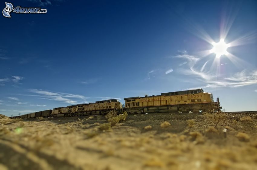 tren de carga, sol, cielo, USA