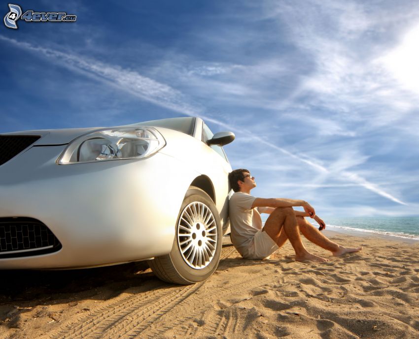 vacaciones, coche, hombre, descanso, playa, mar, arena, marcas de condensación