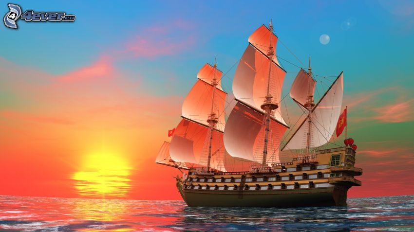 velero, puesta de sol en el mar