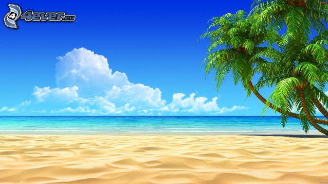 ouvert mer, plage de sable, palmiers, dessin animé