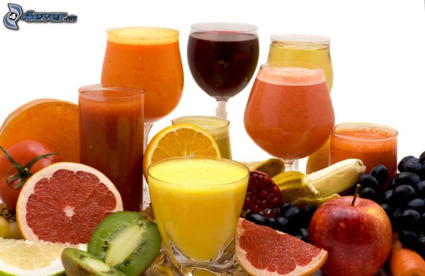 boissons, fruits, pamplemousse, kiwi, orange, la banane, grenade, raisin, pomme, carotte, tomate