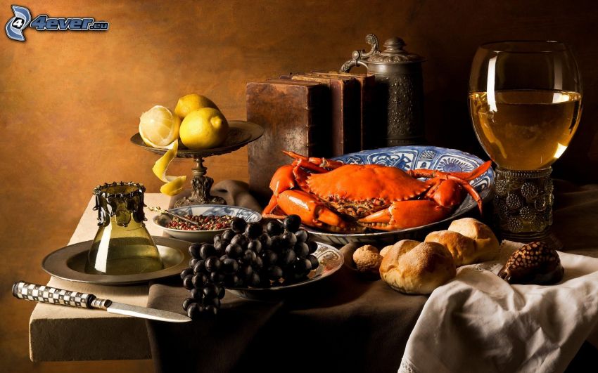dîner, crabe, raisin, vin, citrons