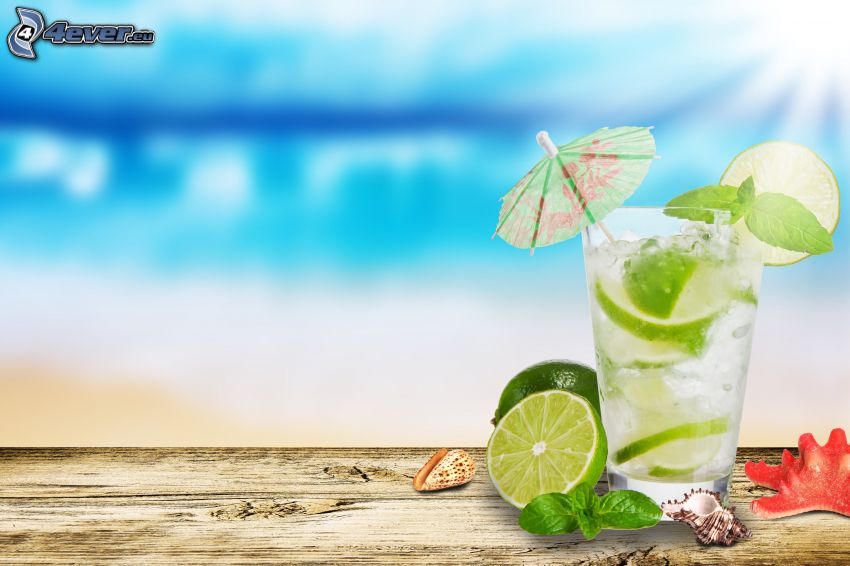 mojito, limes, coquillages, parapluie