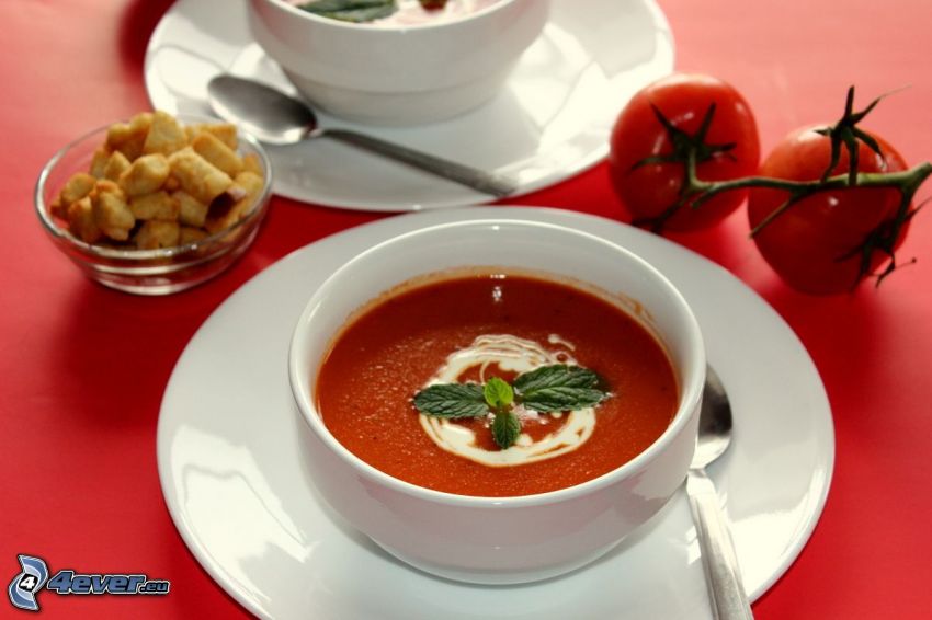 soupe à la tomate, bol, tomates
