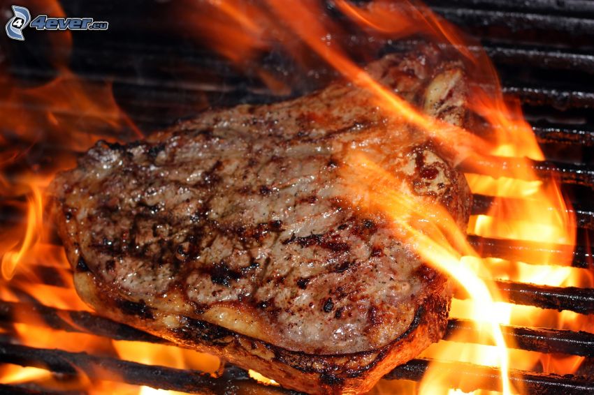 steak, viande grillée, feu
