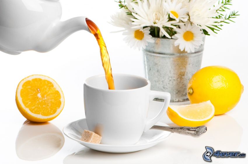 tasse du thé, citron, camomille
