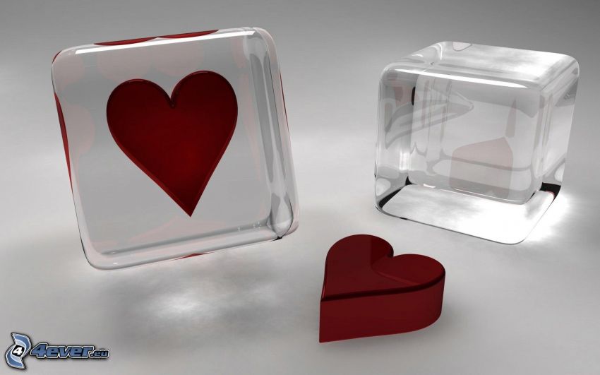 cœur dans la verre, coeurs rouges, cubes