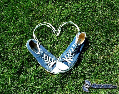 cœur de lacets, chaussures de tennis bleues, Converse, l'herbe