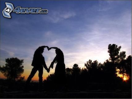 cœur des mains, silhouette du couple, forêt après couchage du soleil