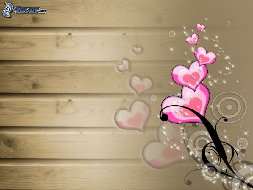 cœurs roses, mur en bois